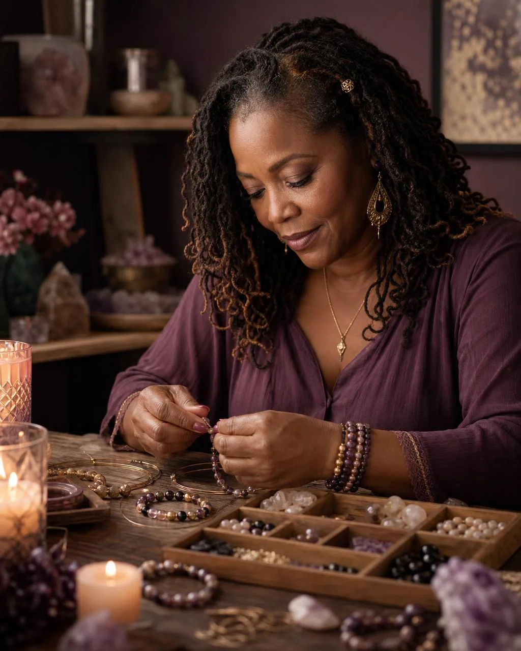 Lana N Gibson-Alexander handcrafting a genuine gemstone bracelet in her candlelit studio
